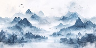 水墨山川飞鸟意境图