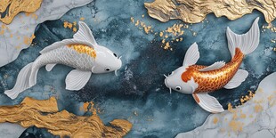 双锦鲤嬉戏于水墨金纹间