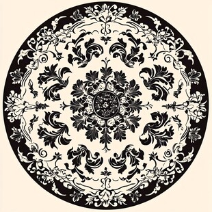 复古黑白圆形花卉装饰图案