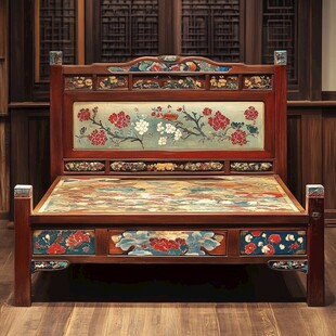 中式古典彩绘雕花实木床