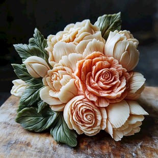 手工雕刻的多彩花卉摆件