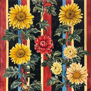 条纹背景上的多彩花卉图案