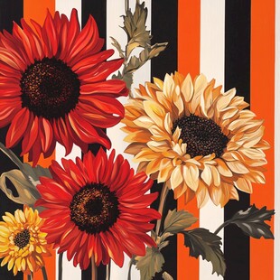 条纹背景下的多彩向日葵