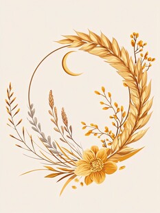 金色花卉麦穗月牙装饰图