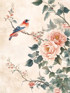 花鸟图 枝头雀与娇艳花卉