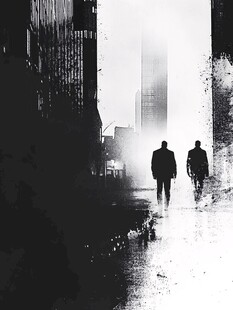 黑白都市中两人的前行背影