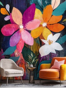 多彩花卉壁画搭配舒适沙发