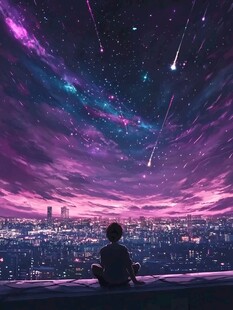 少年仰望梦幻星空夜景