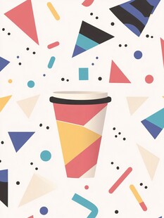 多彩几何图案中的咖啡杯
