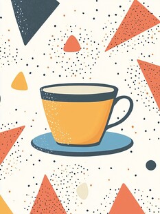 几何图案中的温馨咖啡杯