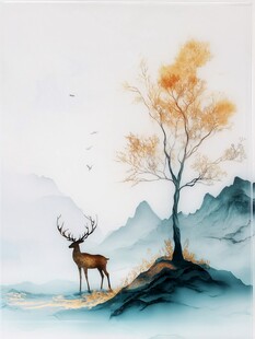 水墨风鹿立树旁山水景