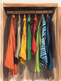 衣柜里色彩缤纷的挂衣