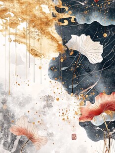 水墨荷花金箔艺术画作
