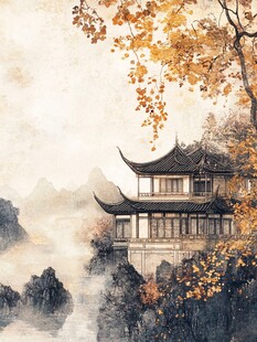 秋景中式楼阁山水画卷