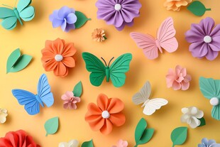 缤纷纸艺花朵与蝴蝶装饰