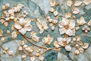 玉石上的金白色花卉浮雕