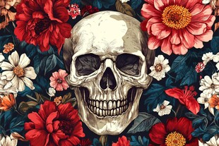 骷髅与繁花的奇幻插画