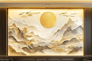 中式山水金月背景墙装饰