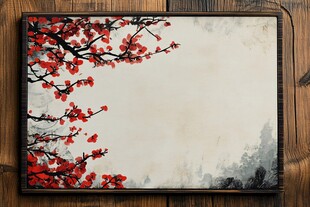 中式水墨红梅装饰画