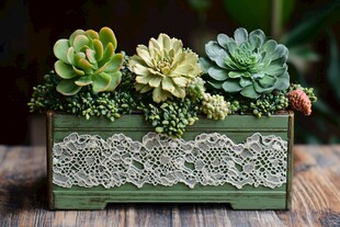 复古绿盒中的多肉植物