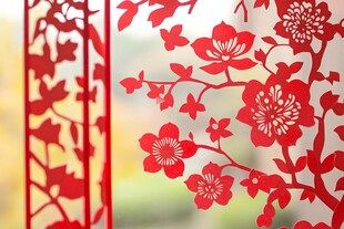 中式红色剪纸花卉艺术