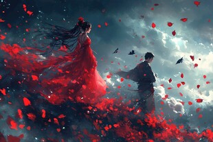 红衣佳人与黑衣男子浪漫场景