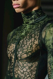 男士绿色网纹高领时尚上衣