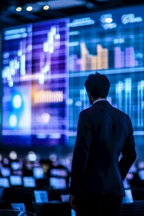 商务人士凝视金融数据大屏