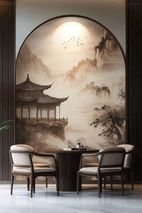 中式茶室 山水壁画配雅座