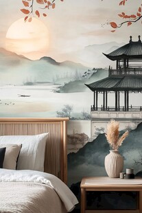 中式山水风卧室雅致壁画