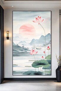 中式玄关处的唯美荷花山水图