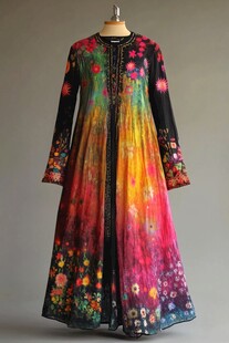 多彩花卉印花长款民族风长袍