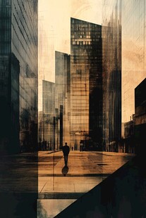 都市黄昏下的孤独行人