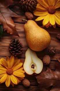 秋日梨果与花卉松果组合