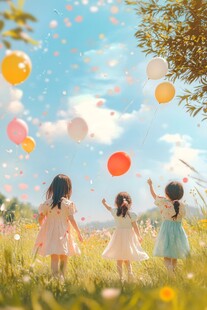 女孩们在草地放飞彩色气球