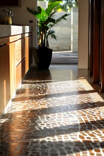 阳光洒落的室内瓷砖走廊