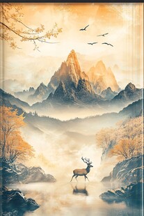 秋山林间鹿影飞鸟图