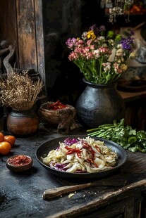 乡村风美食摆盘与花卉装点
