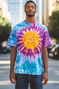 男士身着多彩扎染T恤