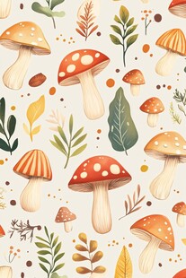 蘑菇树叶水彩风无缝图案