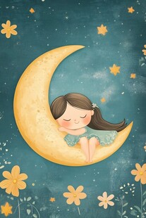 女孩在月牙上恬静入眠