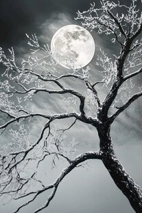 月夜枯树雪景图