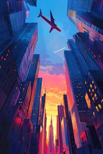 夕阳下城市上空的飞行飞机