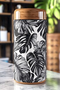 黑白叶纹不锈钢保温杯