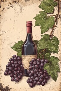 复古风葡萄酒与葡萄插画