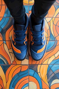 蓝橙运动鞋立于多彩瓷砖上