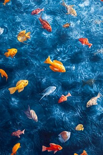 群鱼畅游于蓝色水域间