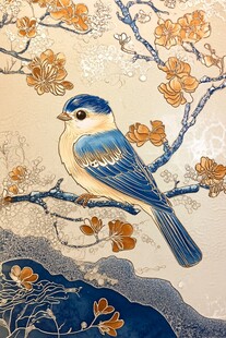 蓝羽小鸟栖于繁花枝头