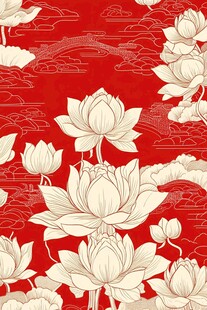 中式红底莲花云纹图案