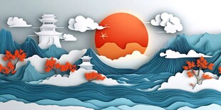 中式山水剪纸风美景